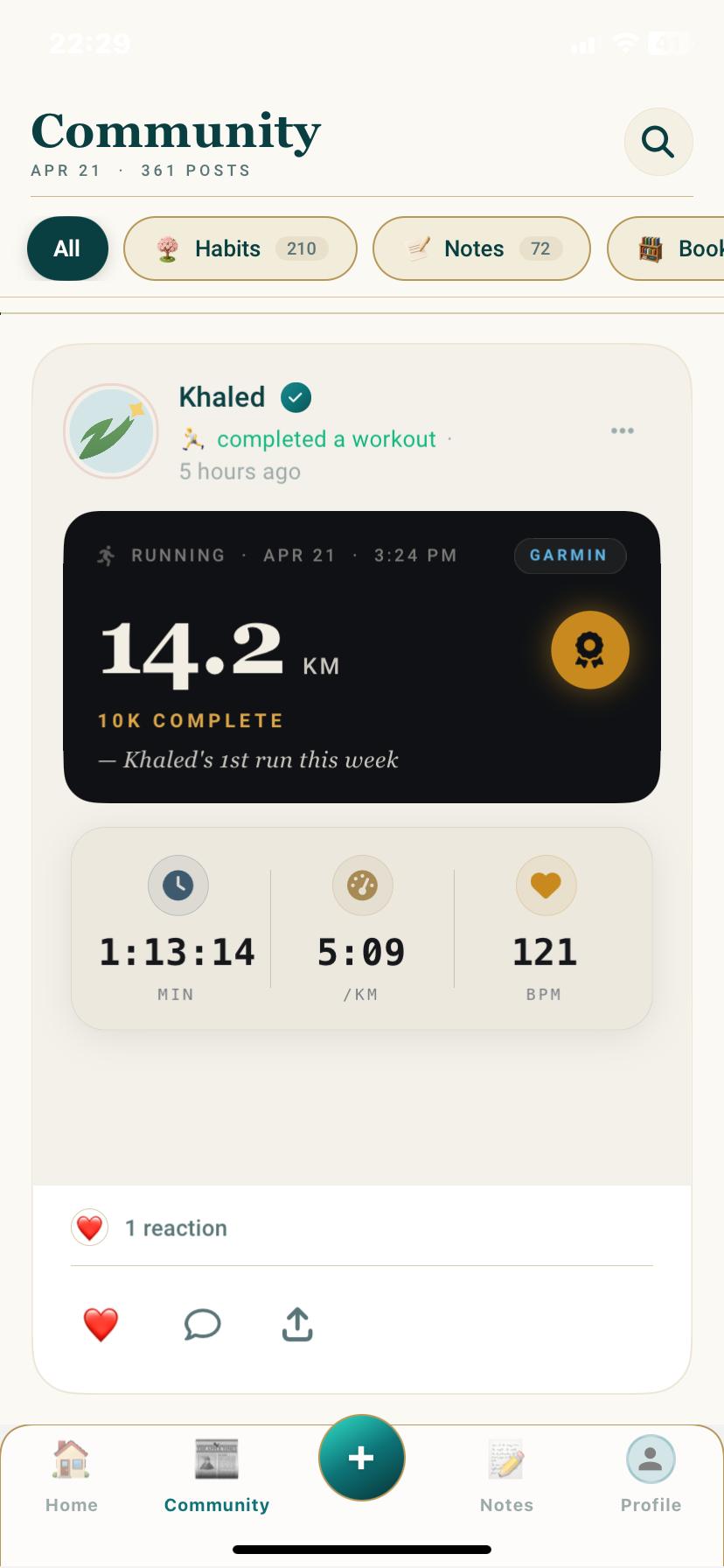 The community feed — a friend's run, a 10K completed, cheers from people who care.