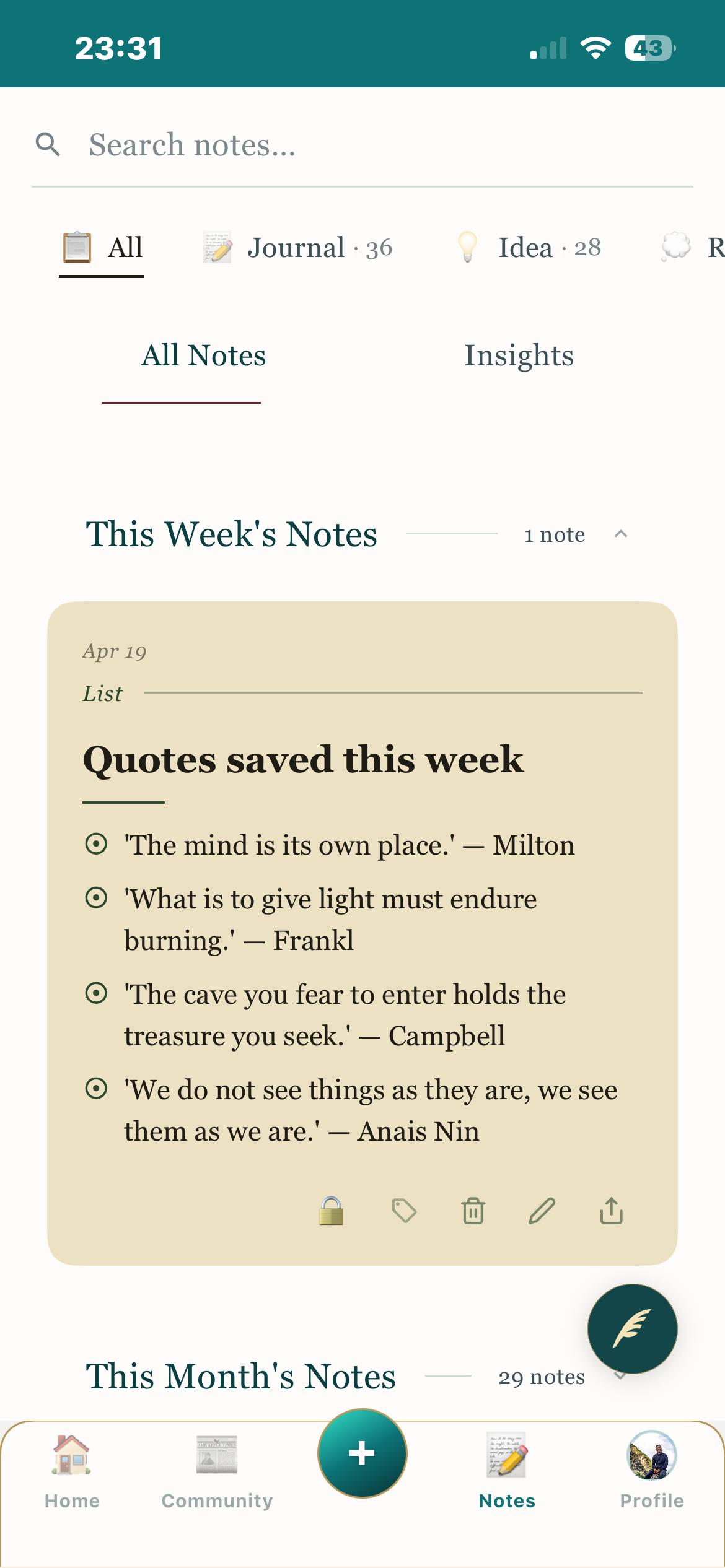 This week in the journal — quotes saved across the week, softly shelved.